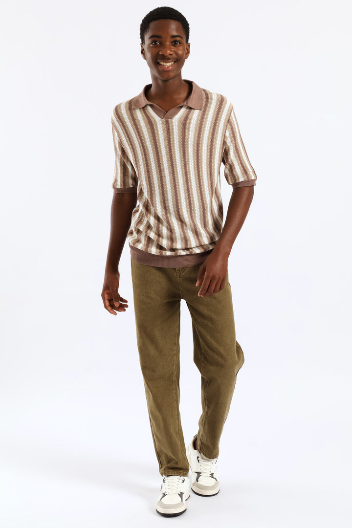 Boys Washed Bull Denim Loose Pant - Olive