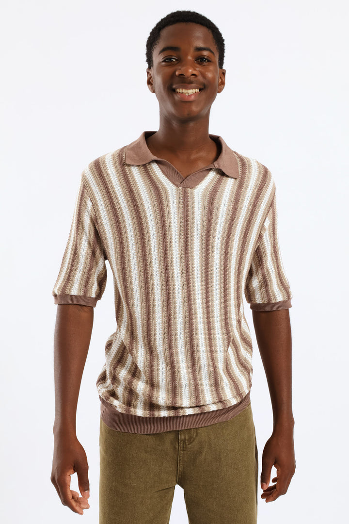 Boys Stripe Knit Notch Golfer - Brown