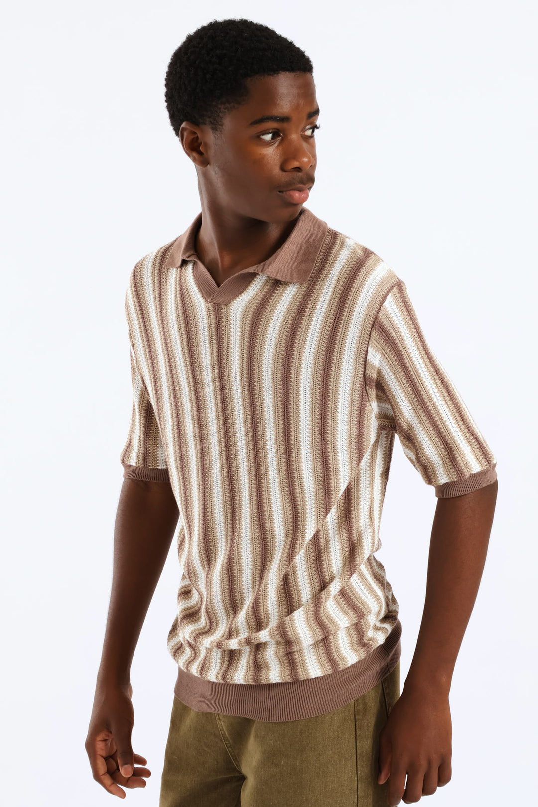Boys Stripe Knit Notch Golfer - Brown