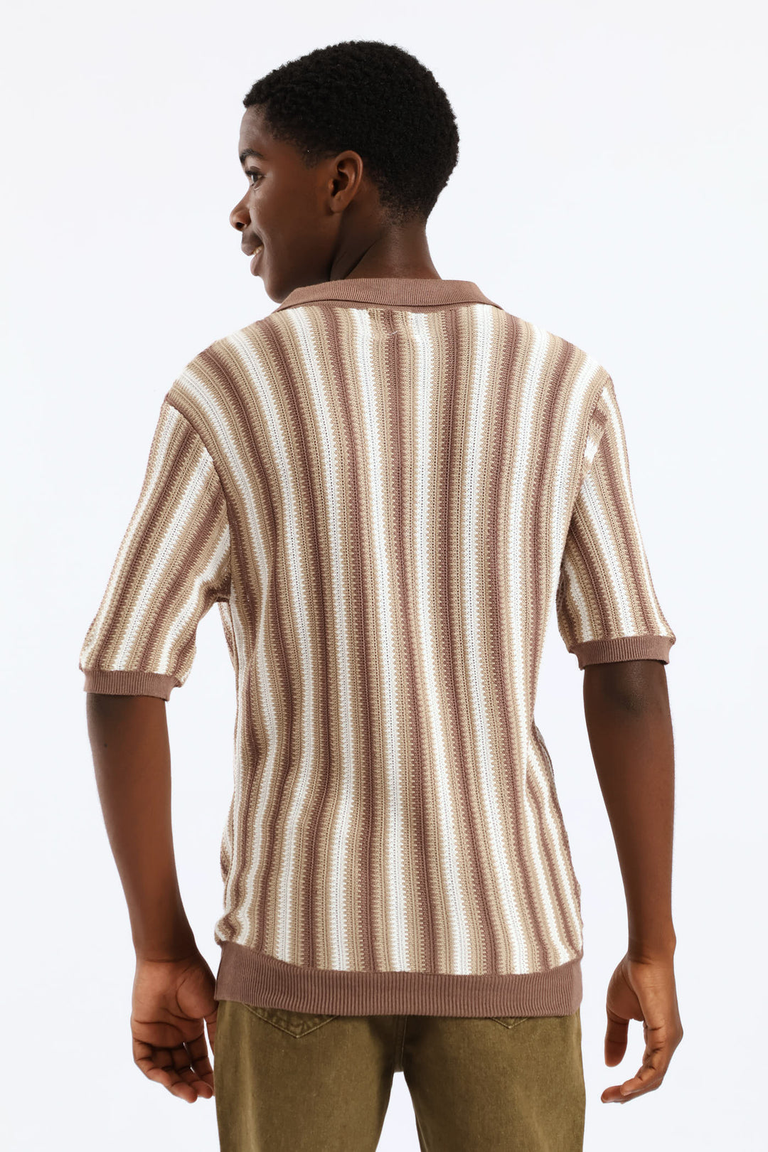 Boys Stripe Knit Notch Golfer - Brown