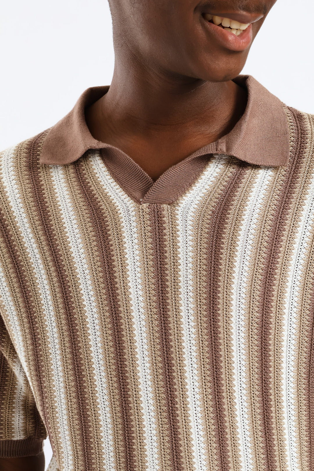Boys Stripe Knit Notch Golfer - Brown