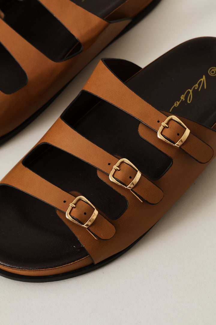 Three Buckle Strap Slide - Tan