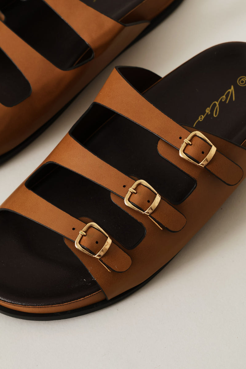 Three Buckle Strap Slide - Tan