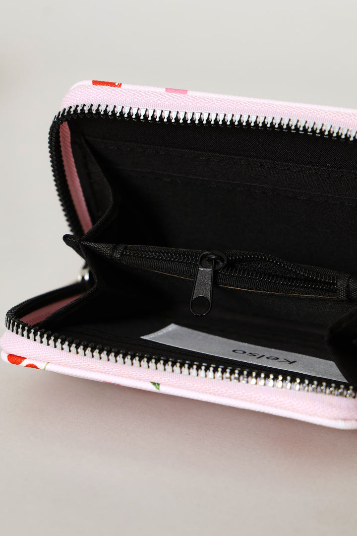 Cherry Hearts Small Zip Around Purse - Pink