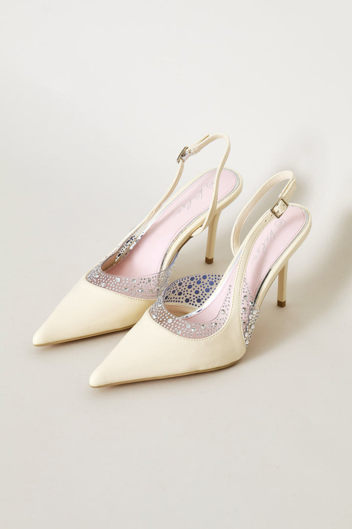 Vinyl & Diamante Pointed Toe Stiletto Mule Heel - Off White