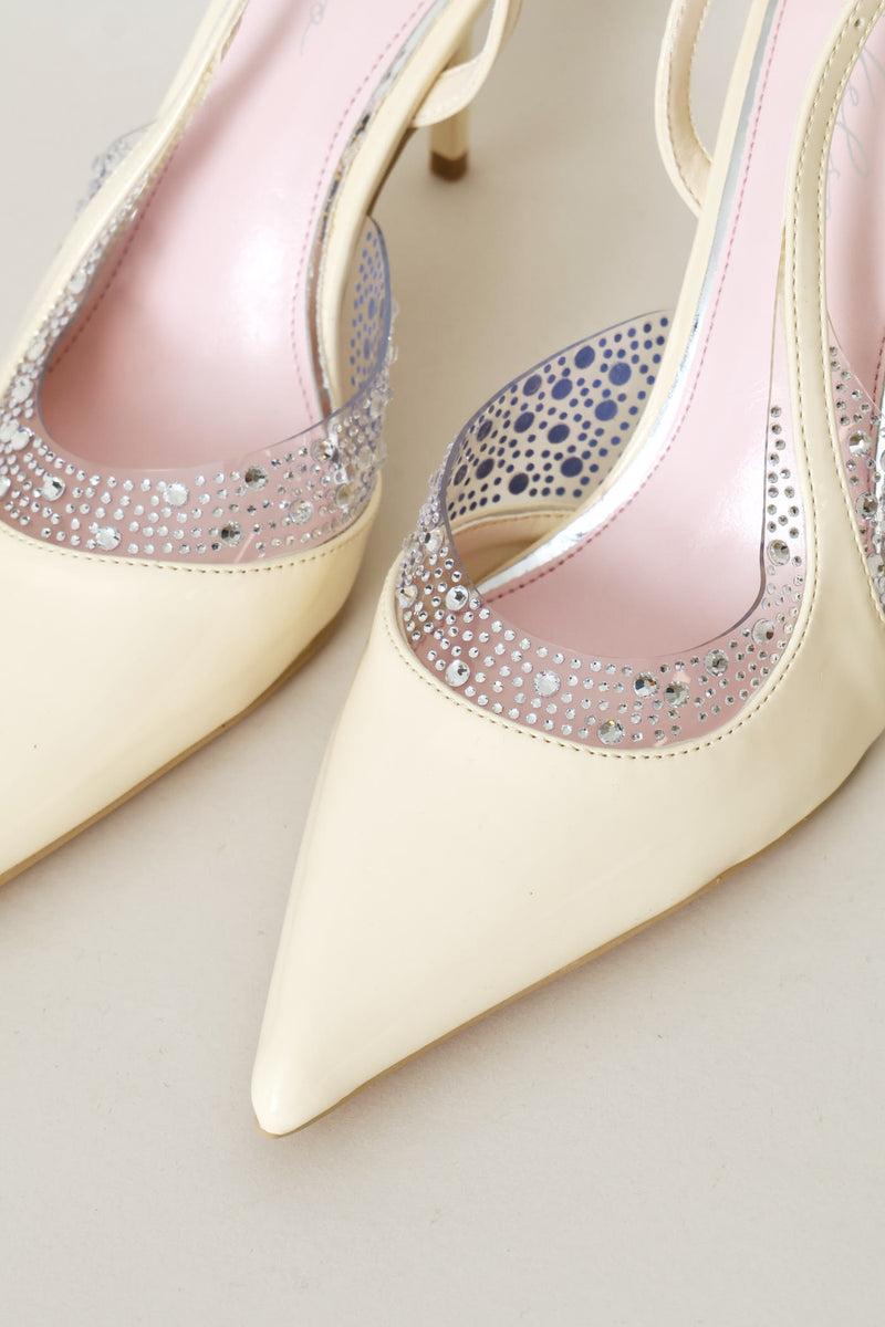 Vinyl & Diamante Pointed Toe Stiletto Mule Heel - Off White