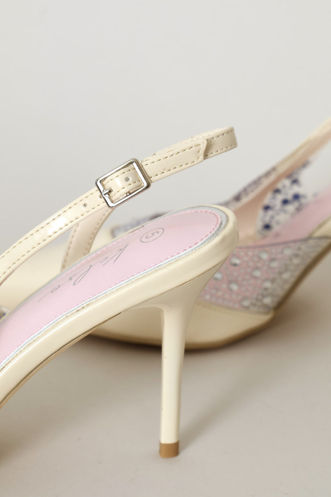 Vinyl & Diamante Pointed Toe Stiletto Mule Heel - Off White