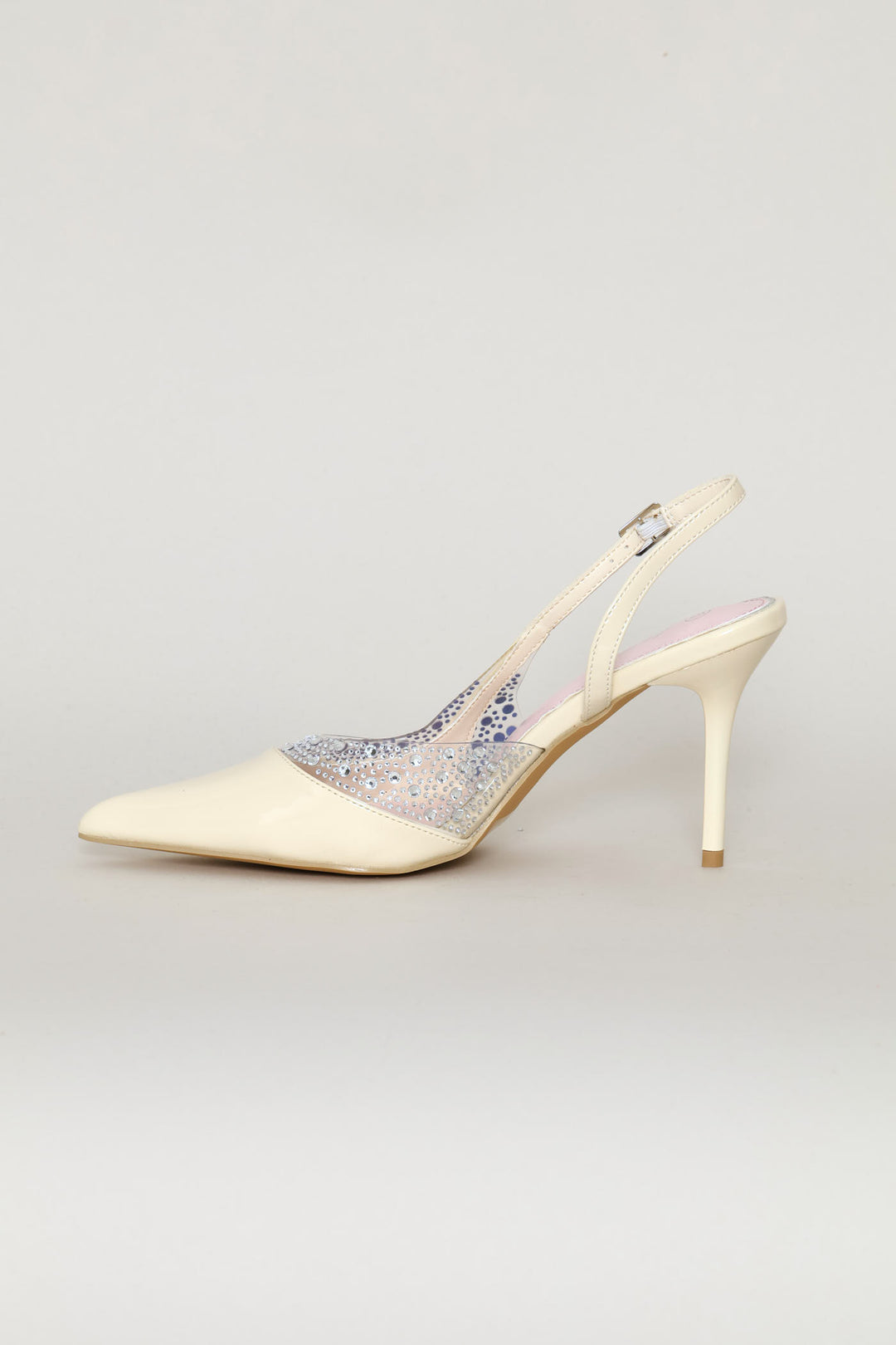 Vinyl & Diamante Pointed Toe Stiletto Mule Heel - Off White
