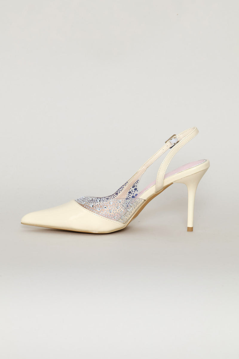 Vinyl & Diamante Pointed Toe Stiletto Mule Heel - Off White