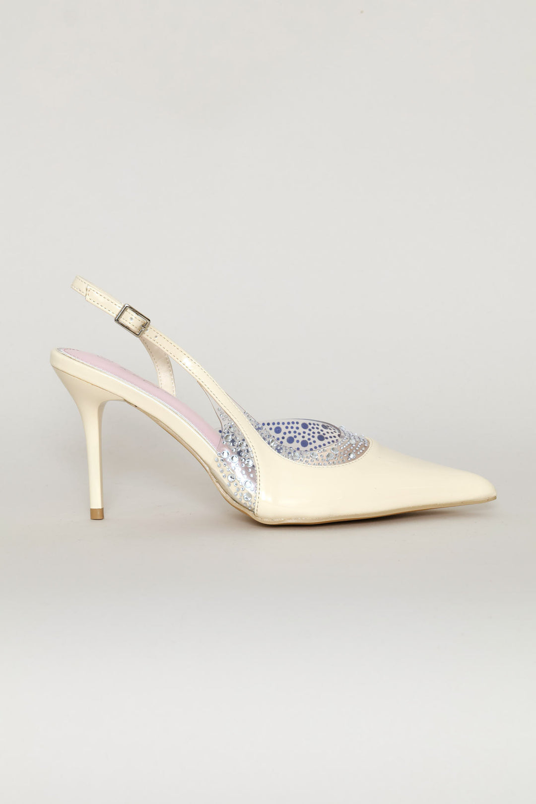 Vinyl & Diamante Pointed Toe Stiletto Mule Heel - Off White