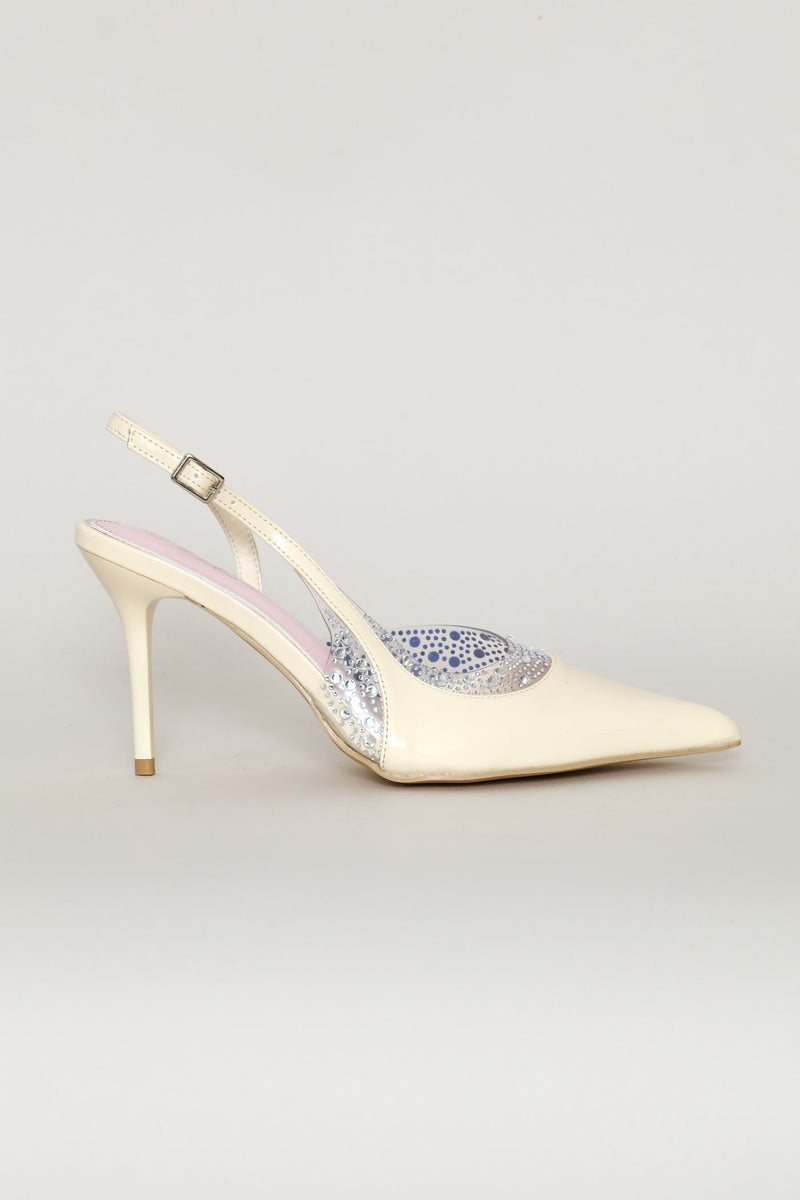 Vinyl & Diamante Pointed Toe Stiletto Mule Heel - Off White