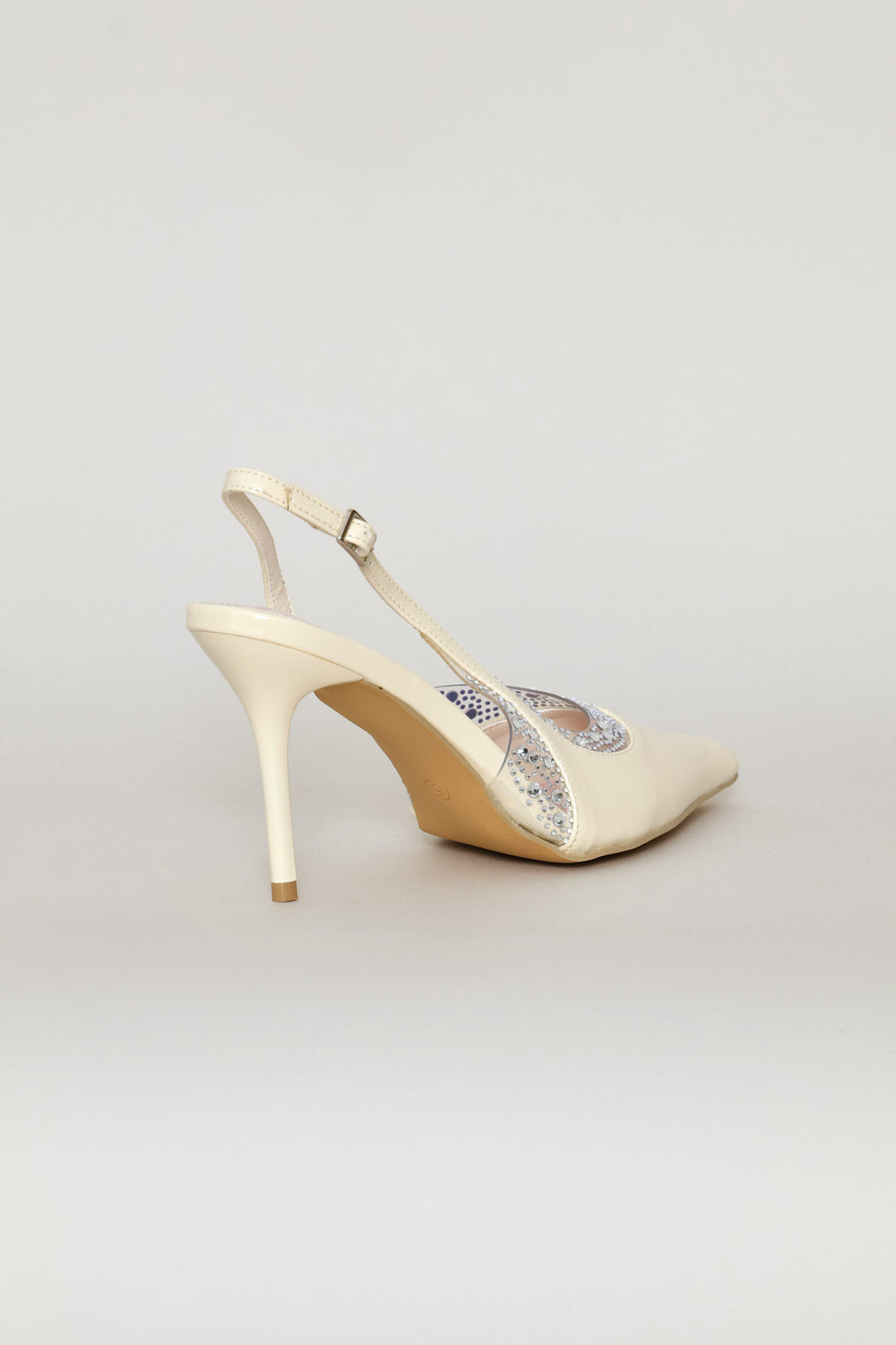 Vinyl & Diamante Pointed Toe Stiletto Mule Heel - Off White