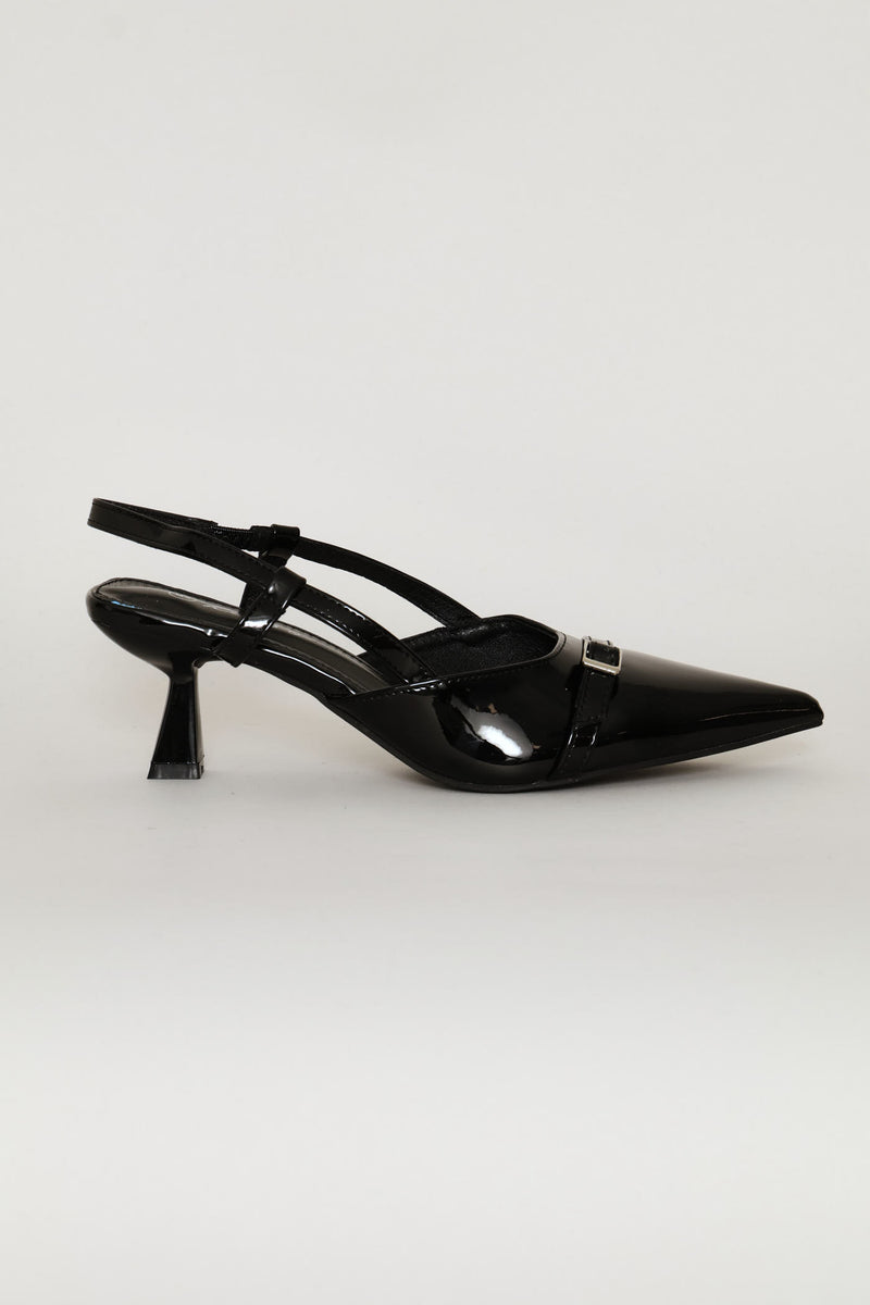 Thin Belt & Buckle Trim Pointy Slingback Heel - Black