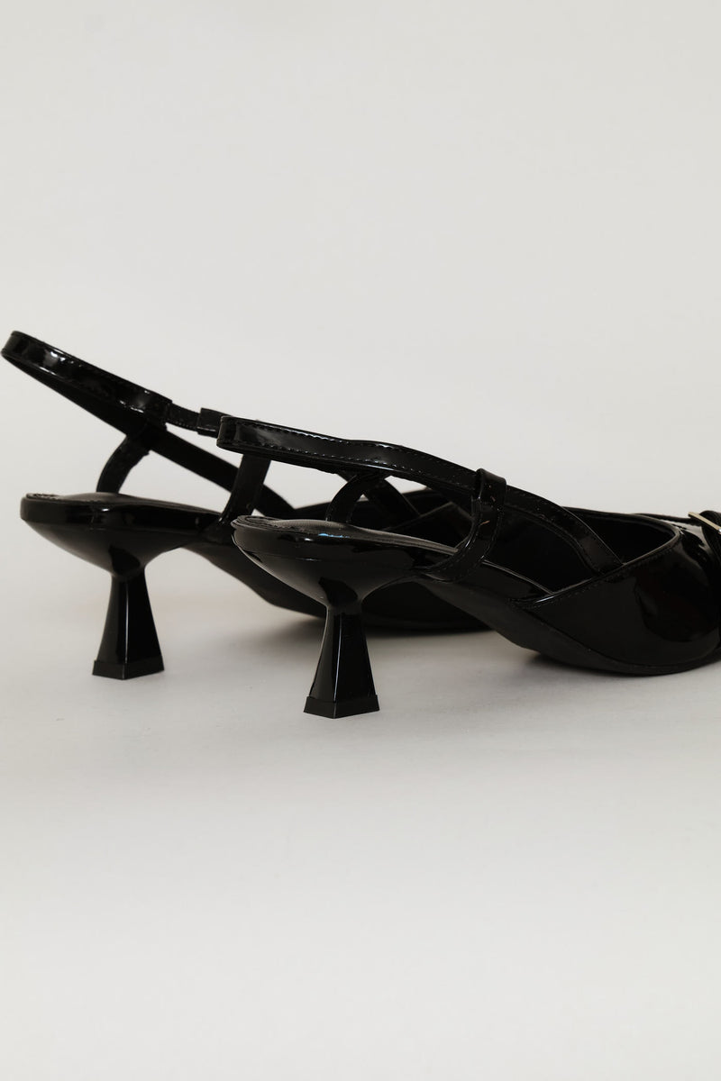 Thin Belt & Buckle Trim Pointy Slingback Heel - Black