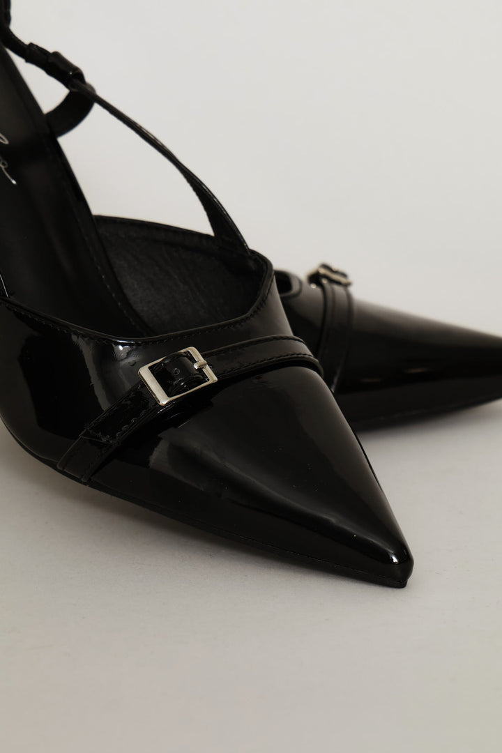 Thin Belt & Buckle Trim Pointy Slingback Heel - Black