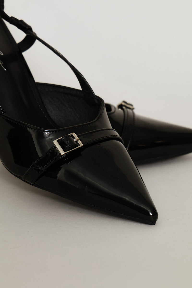 Thin Belt & Buckle Trim Pointy Slingback Heel - Black
