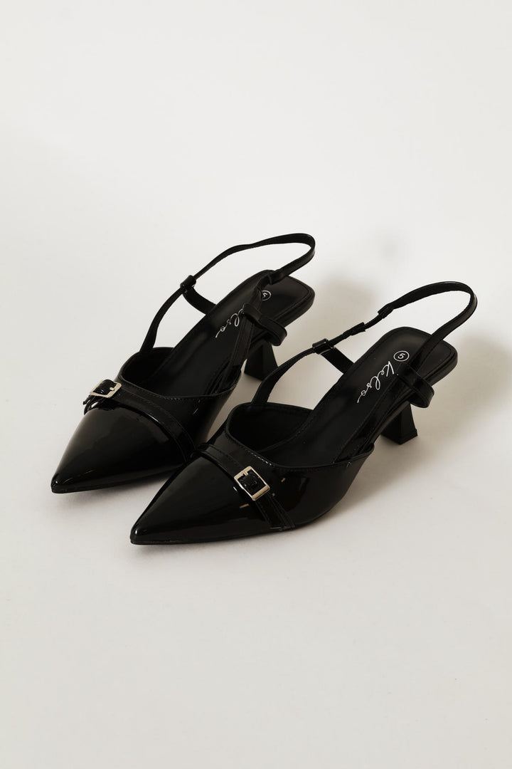Thin Belt & Buckle Trim Pointy Slingback Heel - Black