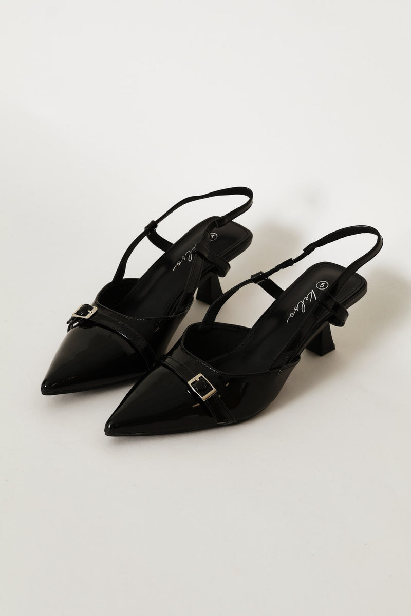 Thin Belt & Buckle Trim Pointy Slingback Heel - Black