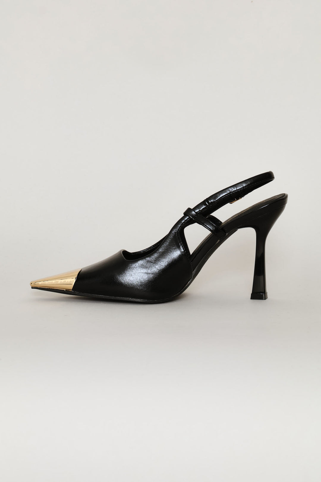 Gold Toe Cap Slingback Pointy Stiletto Heel - Black