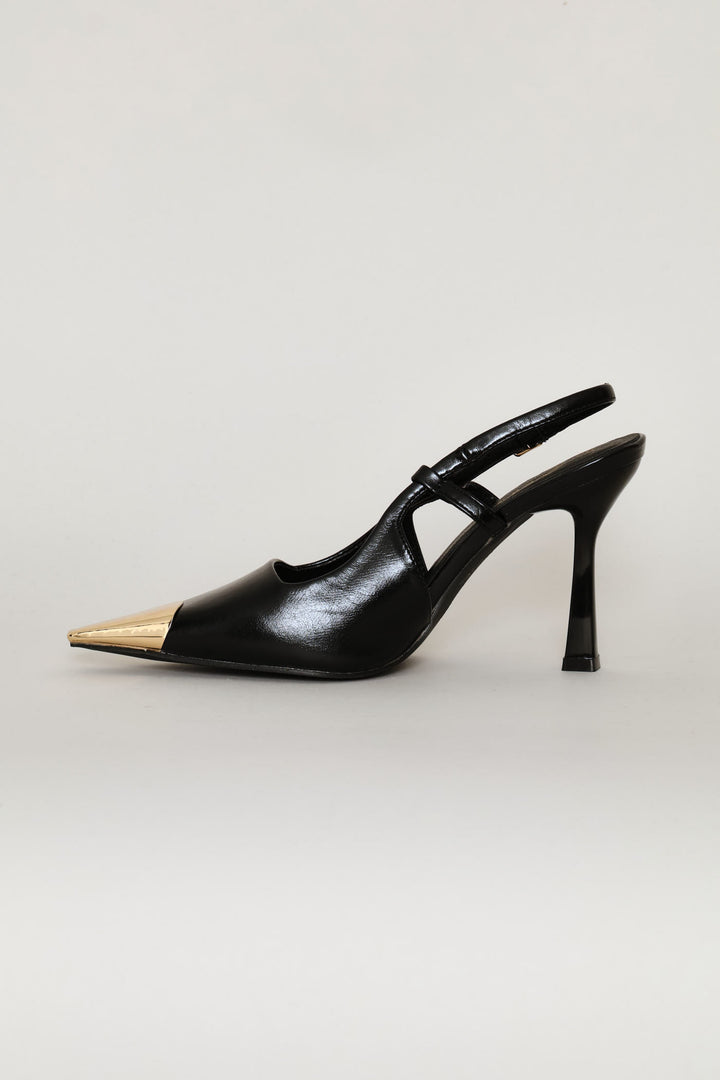 Gold Toe Cap Slingback Pointy Stiletto Heel - Black