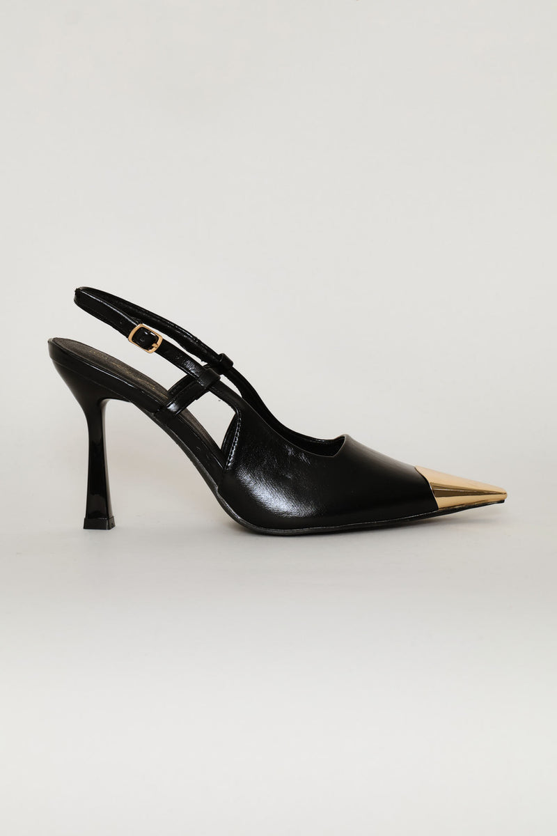 Gold Toe Cap Slingback Pointy Stiletto Heel - Black