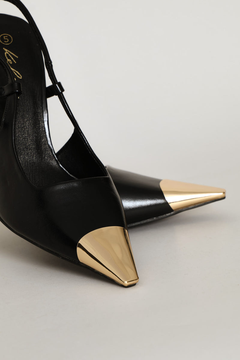 Gold Toe Cap Slingback Pointy Stiletto Heel - Black