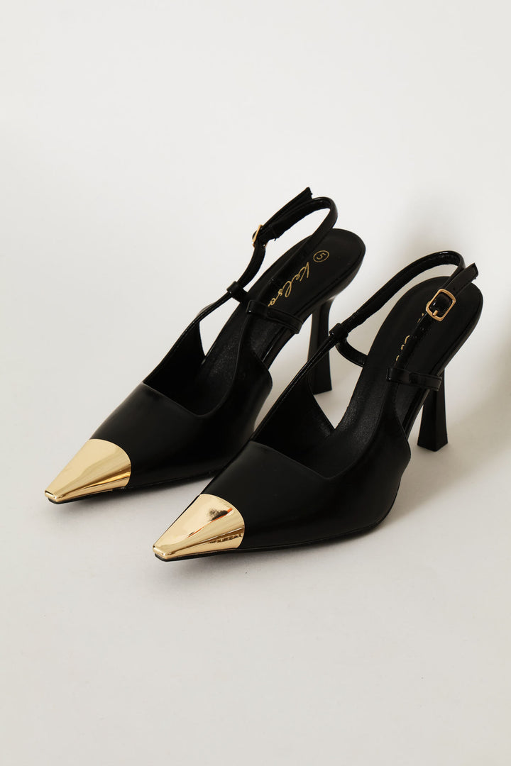 Gold Toe Cap Slingback Pointy Stiletto Heel - Black