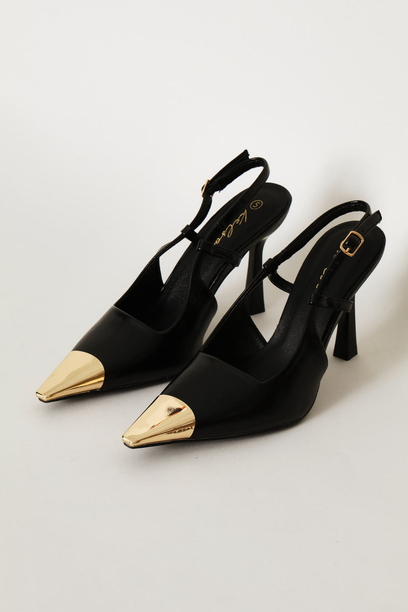 Gold Toe Cap Slingback Pointy Stiletto Heel - Black