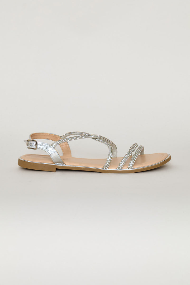 Multi Diamante Strap Sandal - Silver