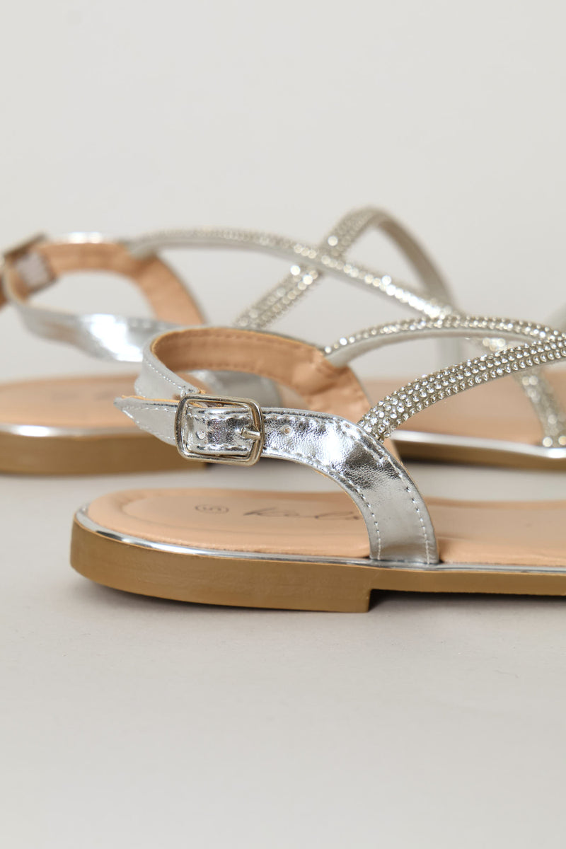 Multi Diamante Strap Sandal - Silver