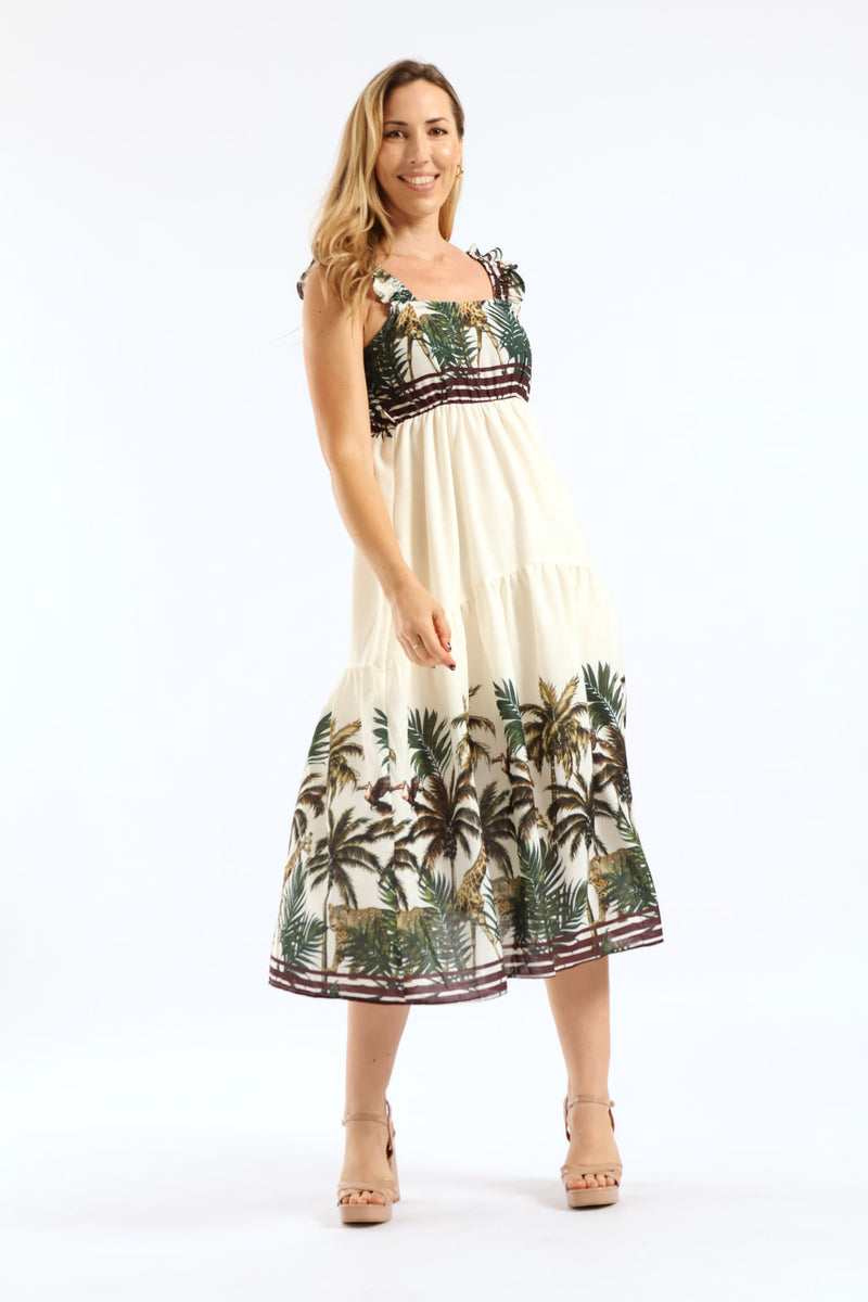 Frill Strap Button Through Jungle Border Print Sundress - Chocolate