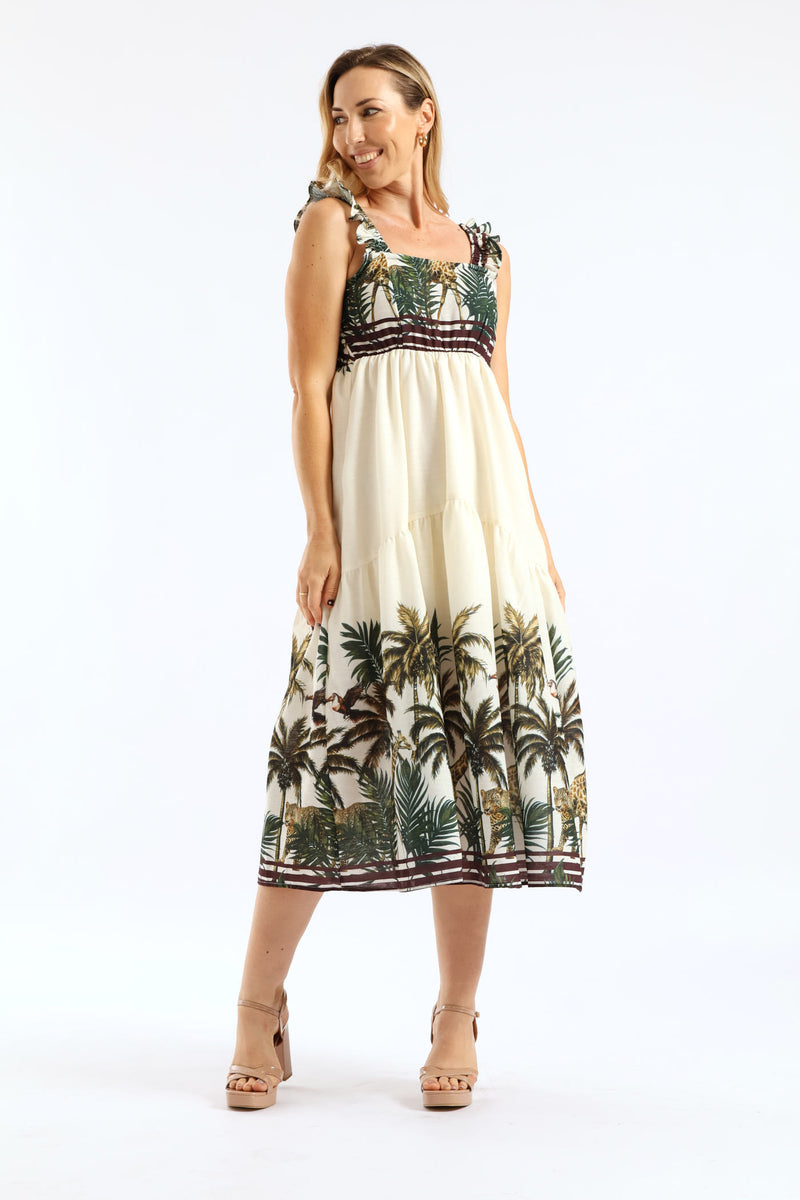 Frill Strap Button Through Jungle Border Print Sundress - Chocolate