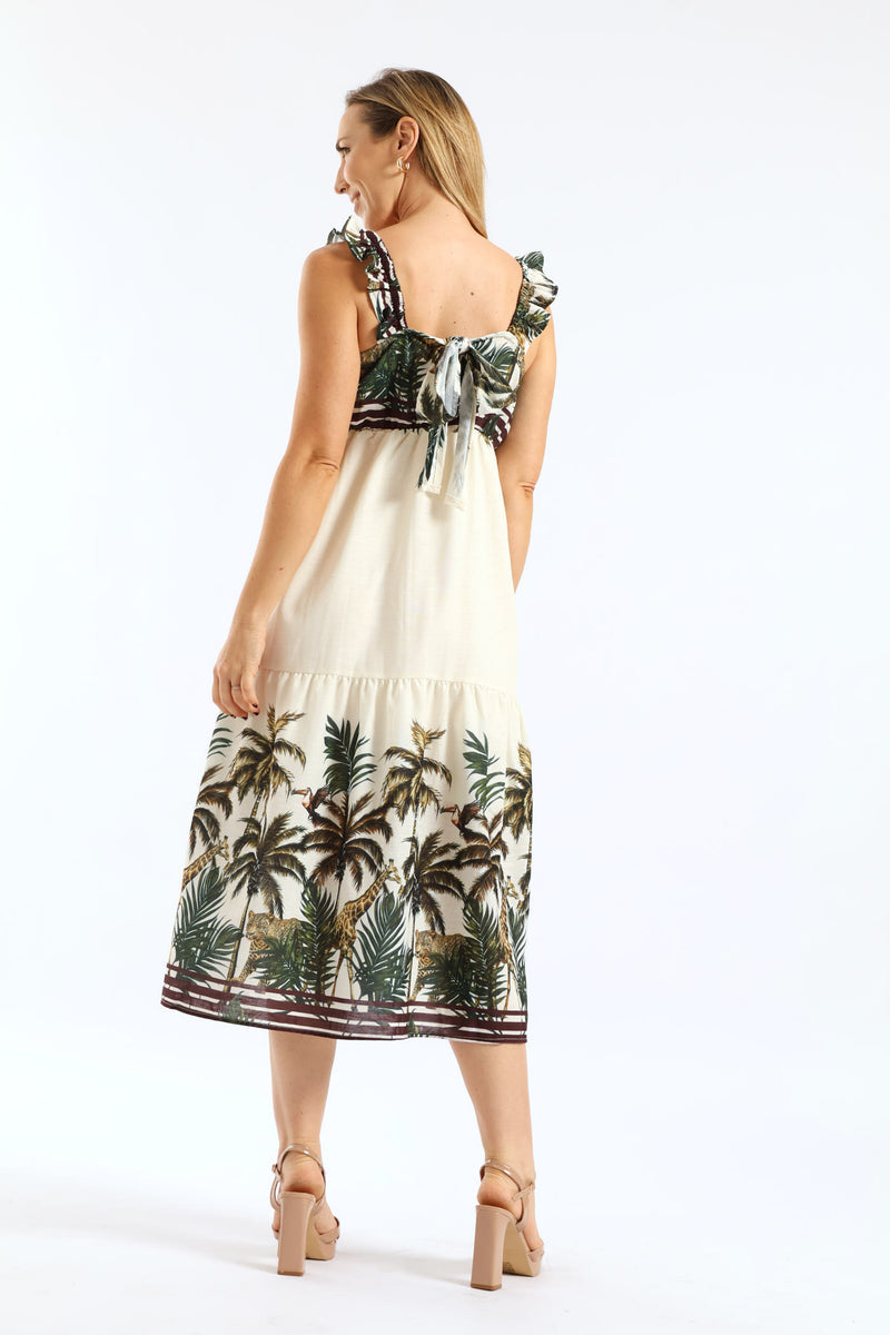 Frill Strap Button Through Jungle Border Print Sundress - Chocolate