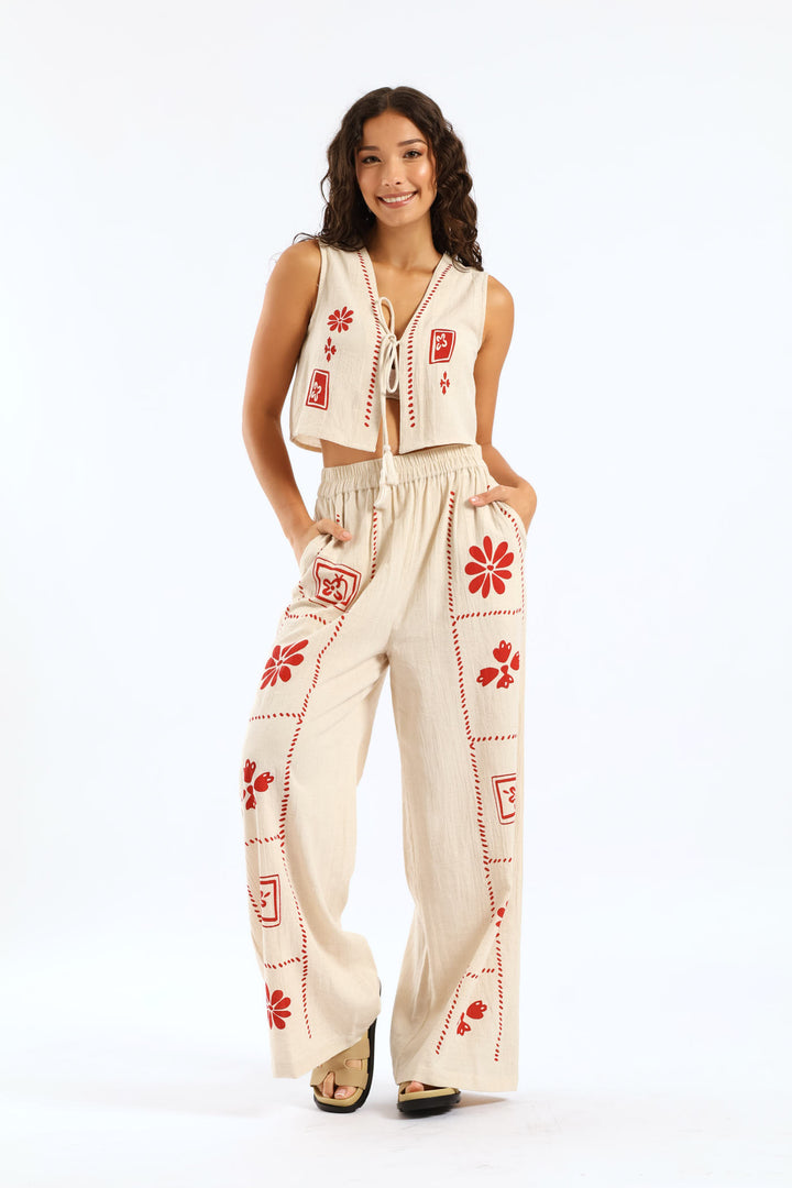 Printed Linen Pant - Beige