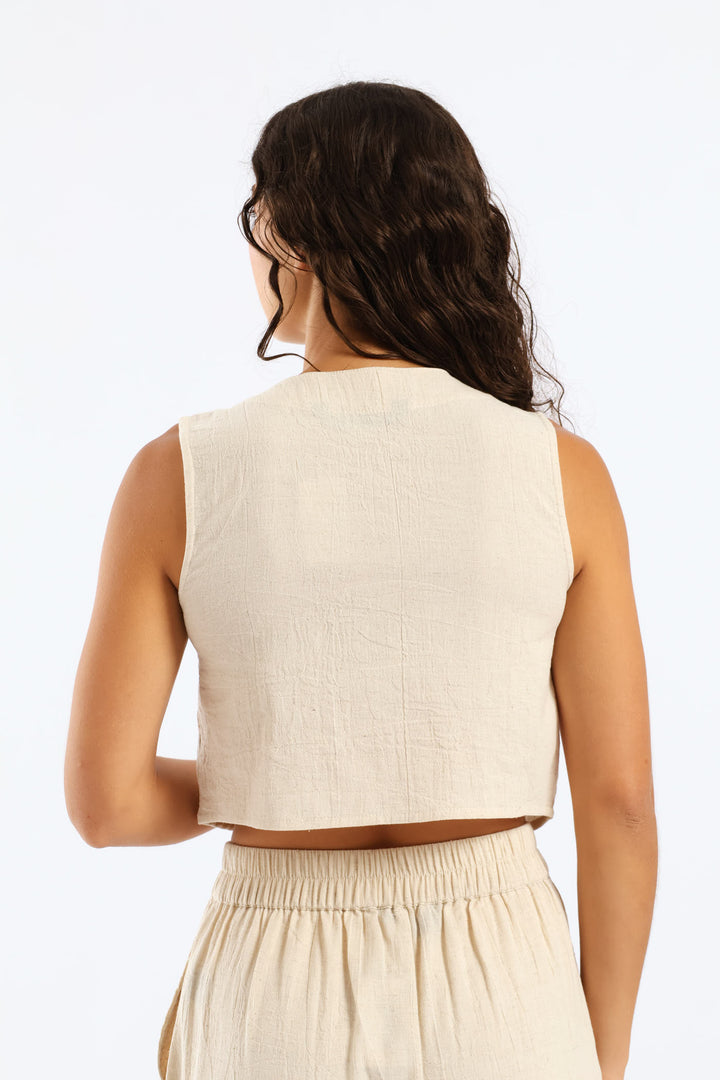 Printed Linen Waistcoat - Beige