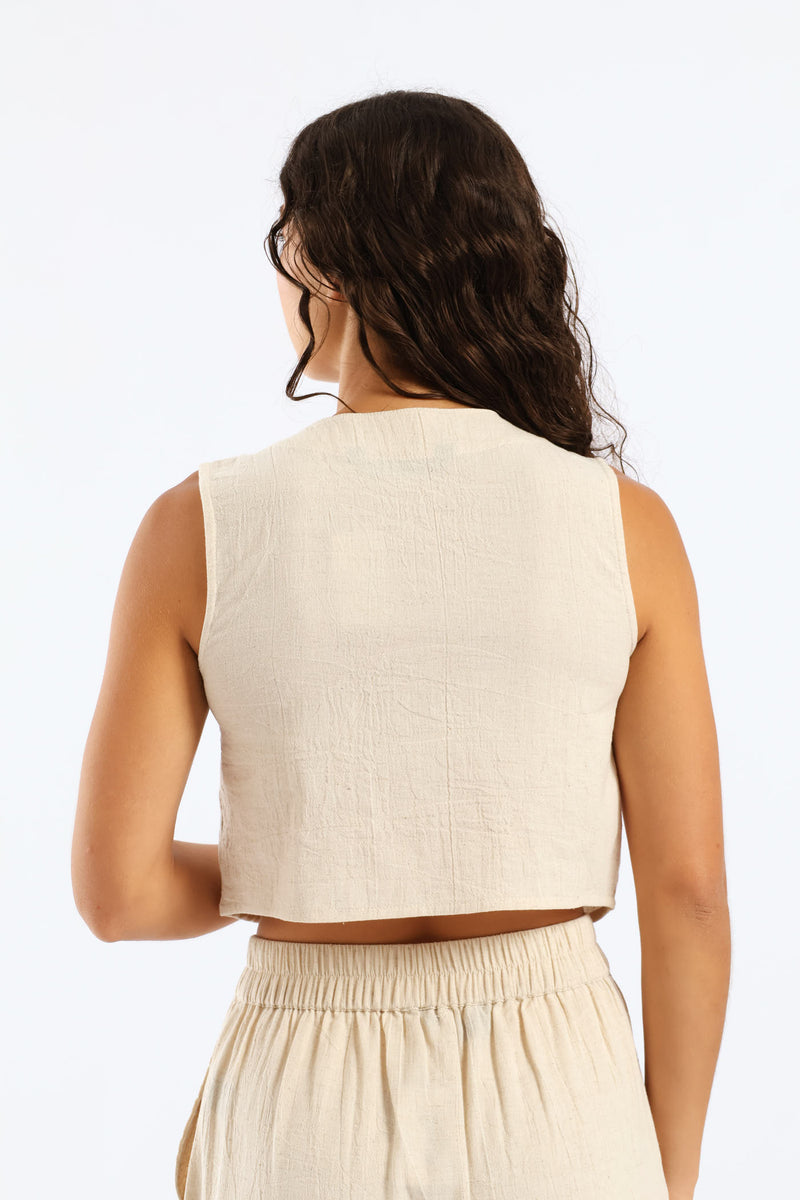 Printed Linen Waistcoat - Beige