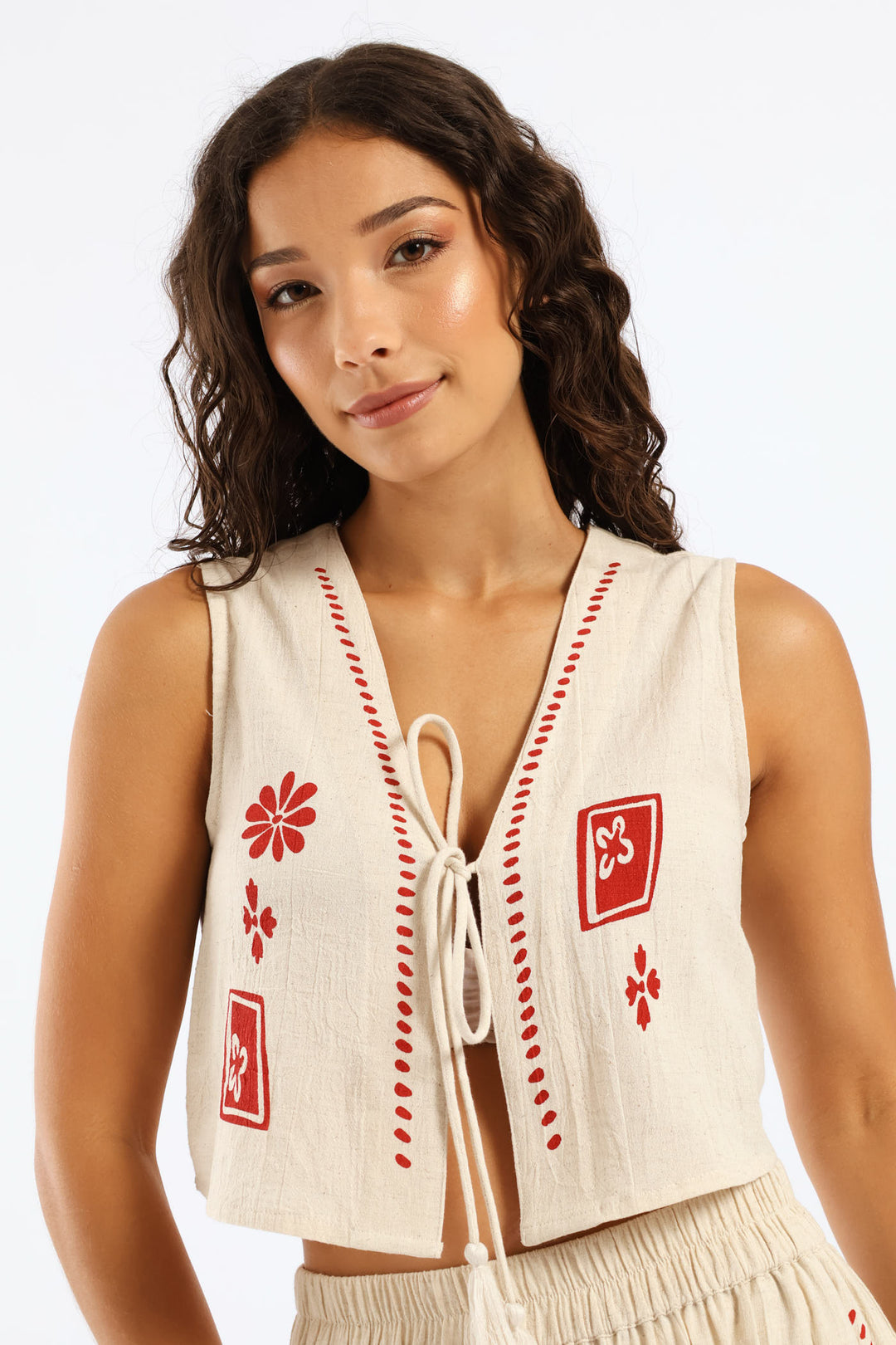 Printed Linen Waistcoat - Beige