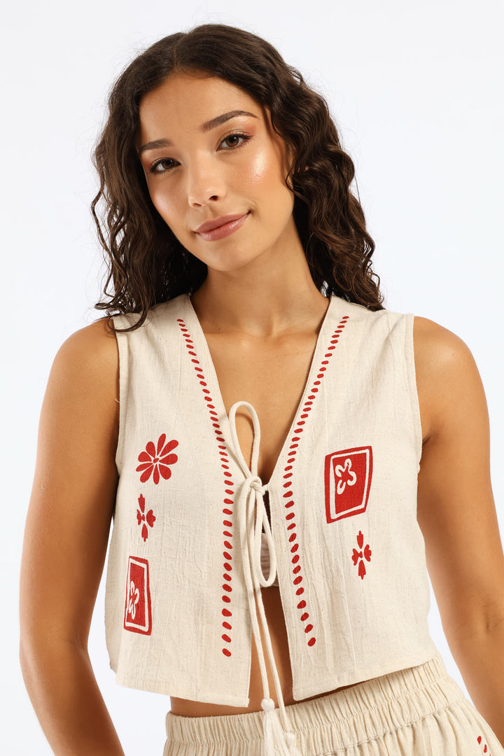 Printed Linen Waistcoat - Beige