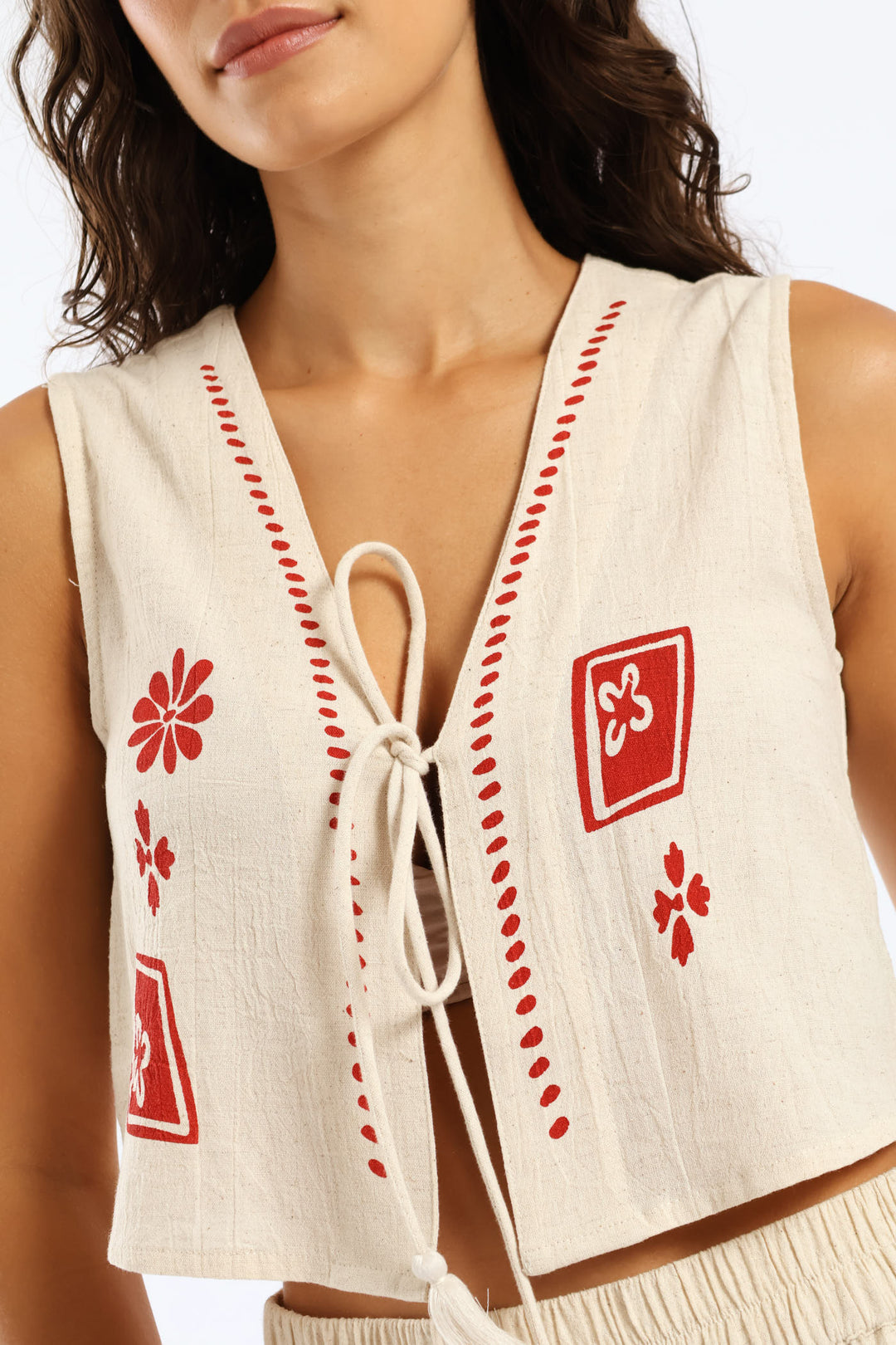 Printed Linen Waistcoat - Beige