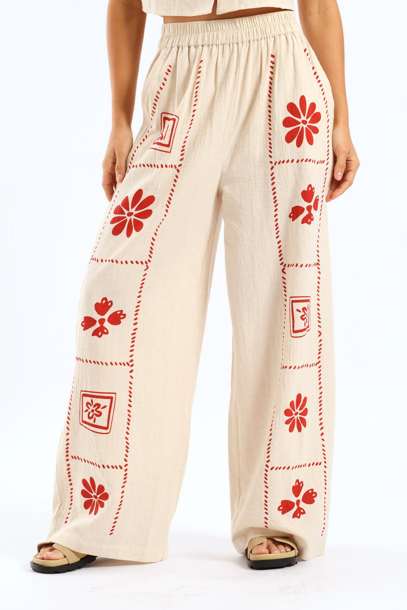 Printed Linen Pant - Beige