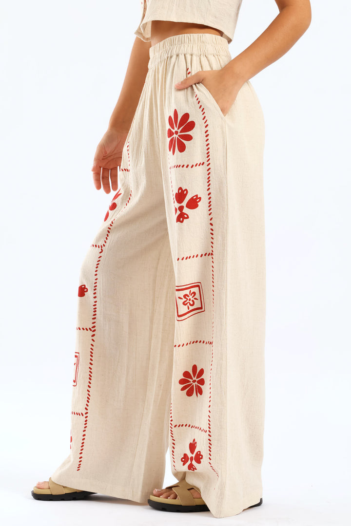 Printed Linen Pant - Beige