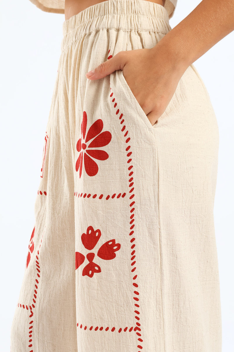 Printed Linen Pant - Beige