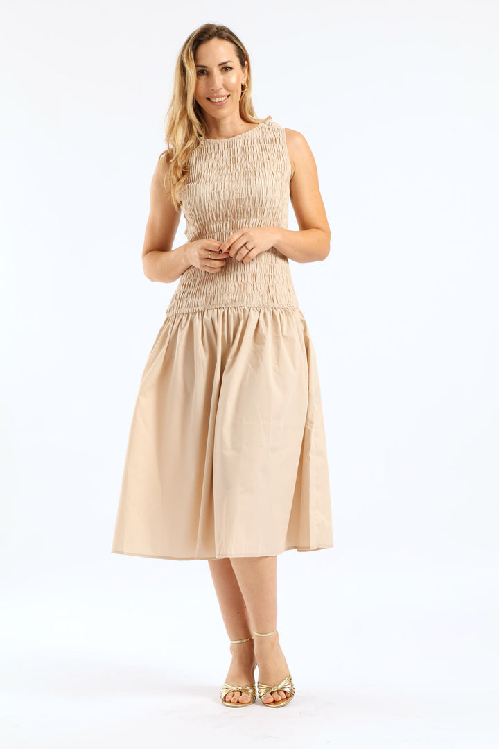 Hi-Neck Shirred Drop Waist Midaxi Dress - Light Stone