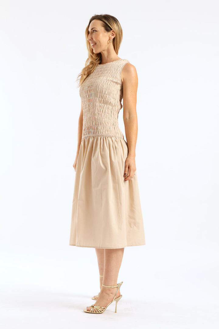 Hi-Neck Shirred Drop Waist Midaxi Dress - Light Stone