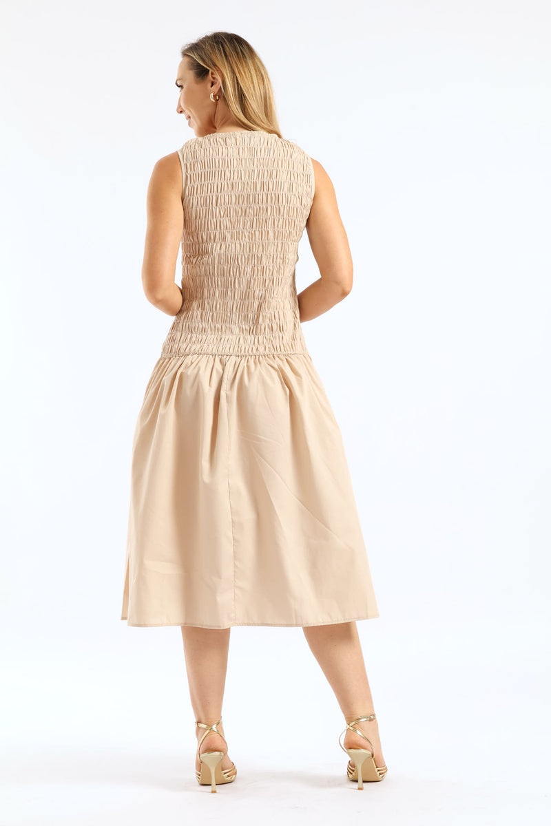Hi-Neck Shirred Drop Waist Midaxi Dress - Light Stone