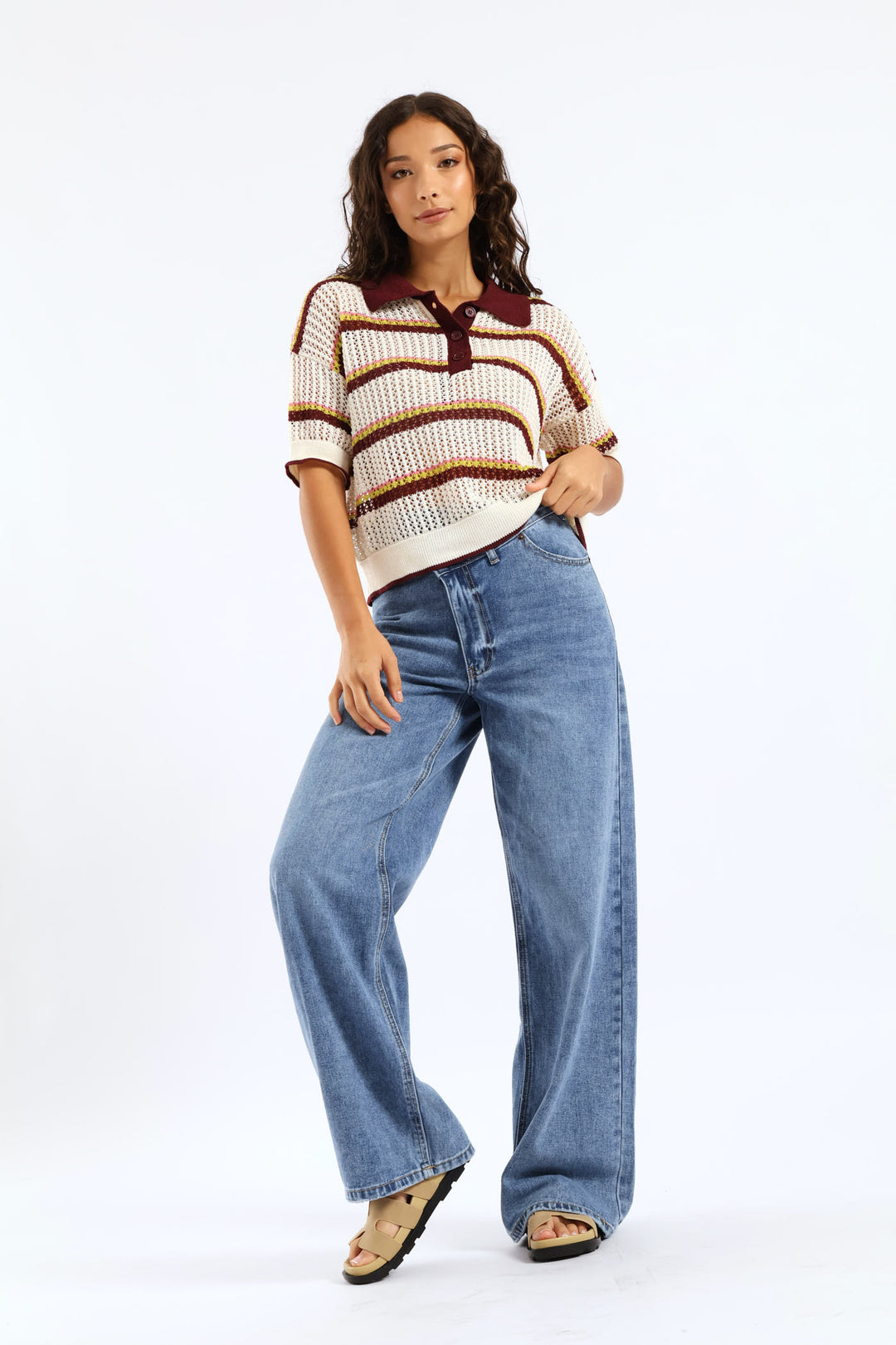 Stripe Knitted Polo Shirt - Burgundy