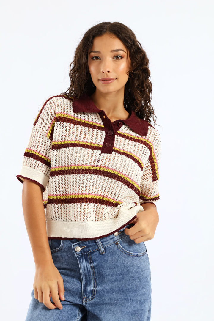 Stripe Knitted Polo Shirt - Burgundy