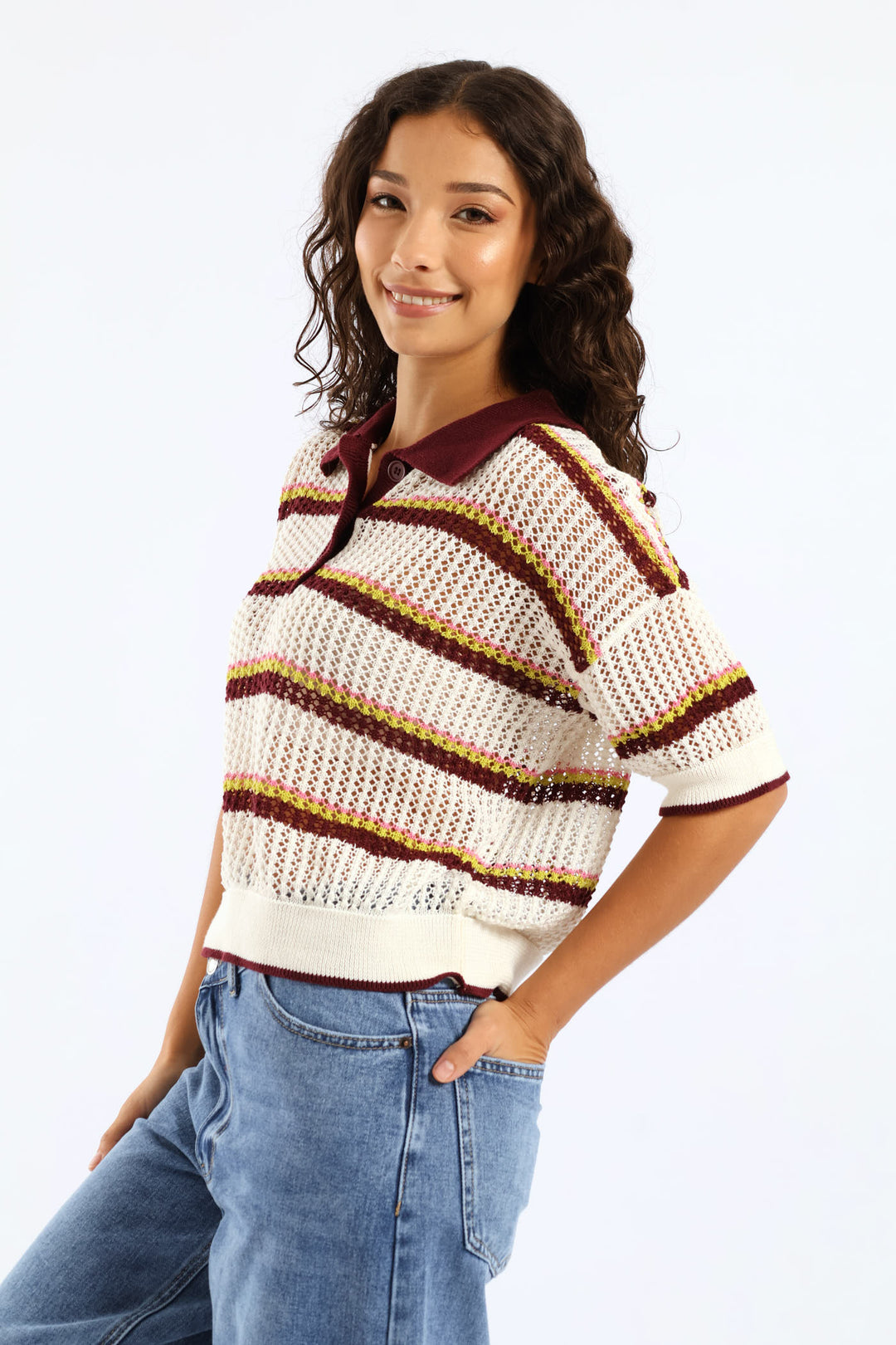 Stripe Knitted Polo Shirt - Burgundy