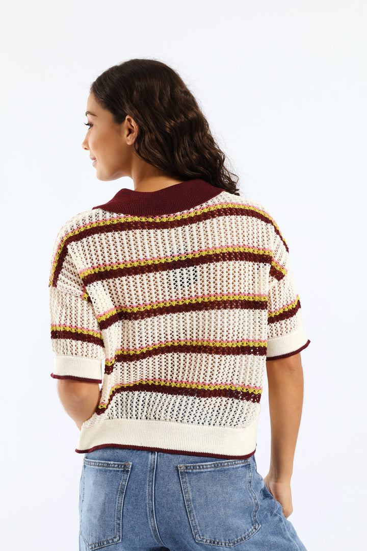 Stripe Knitted Polo Shirt - Burgundy