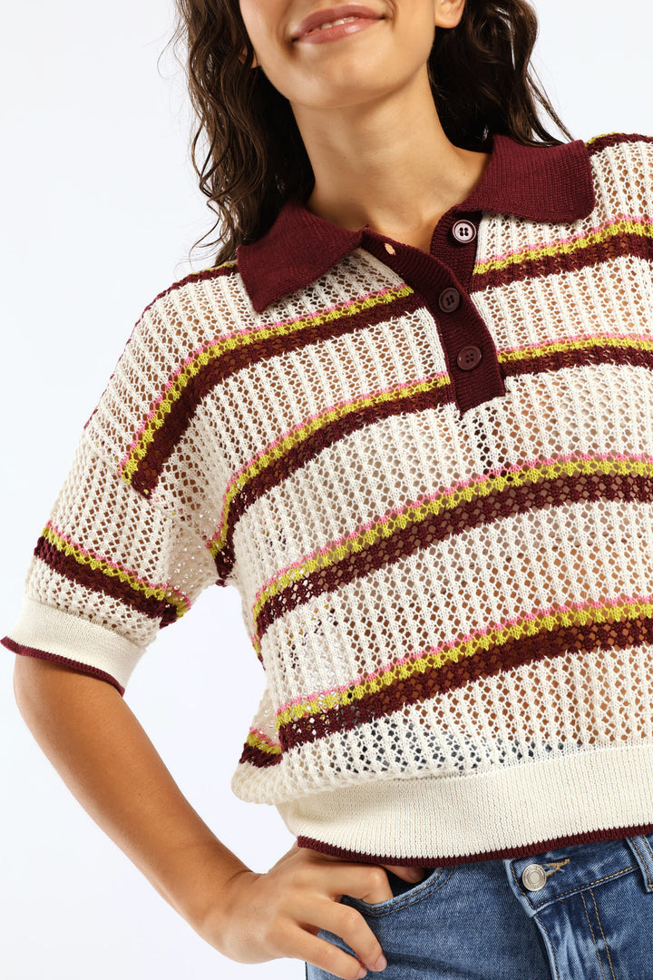 Stripe Knitted Polo Shirt - Burgundy